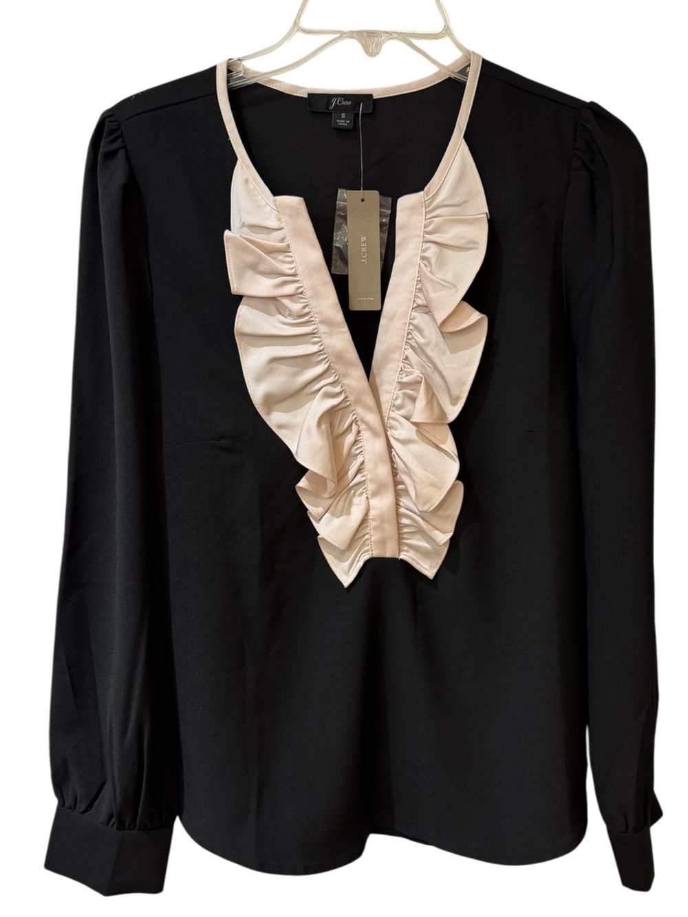 J Crew NWT Black Blouse with Pink Satin Ruffle V-Neck size small
